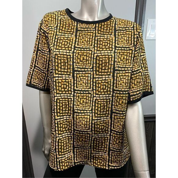 Size 14, Yves St. Clair vintage blouse in black & yellow ochre, button in back. - Picture 2 of 6
